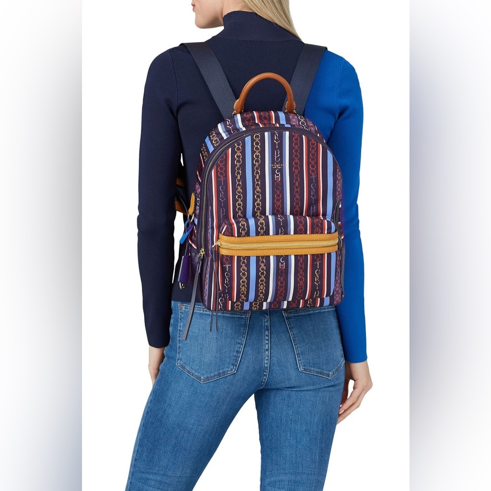 Tory Burch Perry Nylon Printed Zip Backpack in the Gemini Multi Stripe